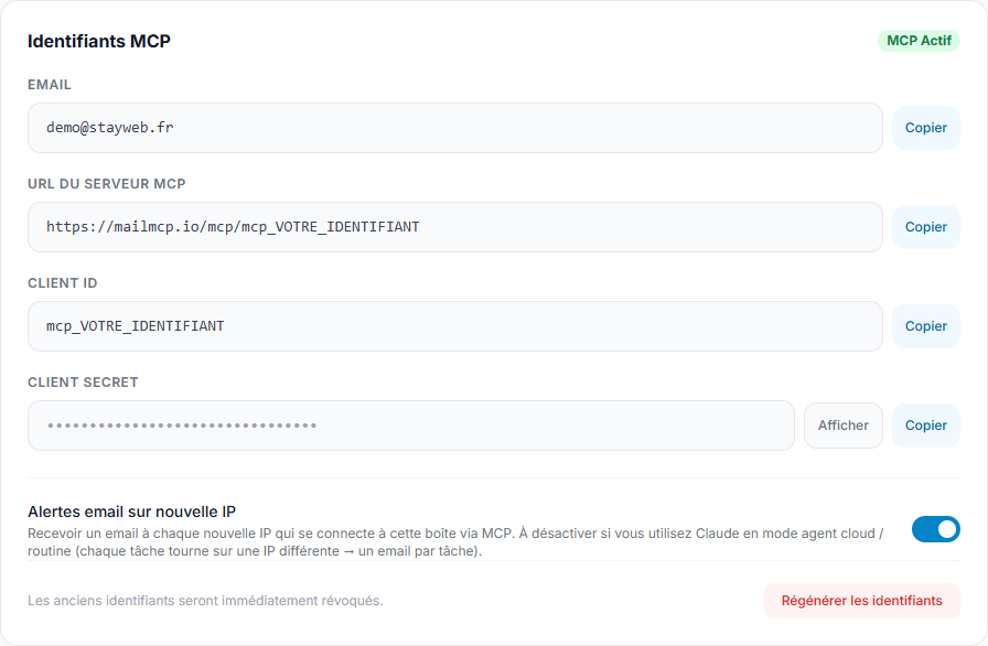The MCP credentials tab in the MailMCP dashboard, with the server URL and its copy button