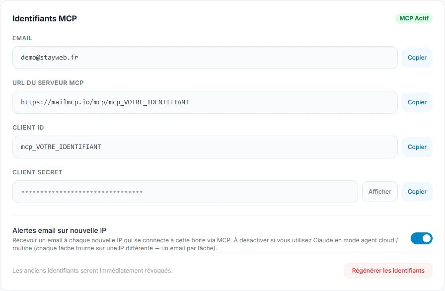 L'onglet Identifiants MCP du tableau de bord MailMCP, avec l'URL du serveur et son bouton Copier