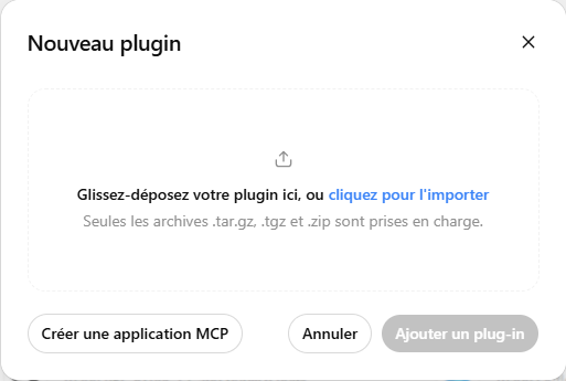 The New plugin window in ChatGPT showing the Create an MCP app button