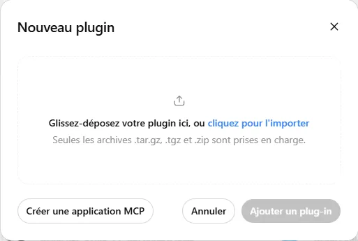 La fenêtre « Nouveau plugin » de ChatGPT avec le bouton « Créer une application MCP »