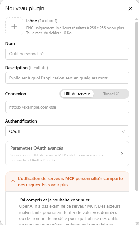 The ChatGPT form to add a custom MCP server: name, server URL and OAuth authentication